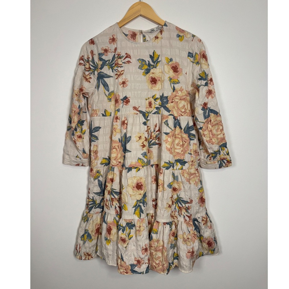 Cottagecore Zara Floral Tiered Mini Dress Women Size S Cream Pink Textured Smock